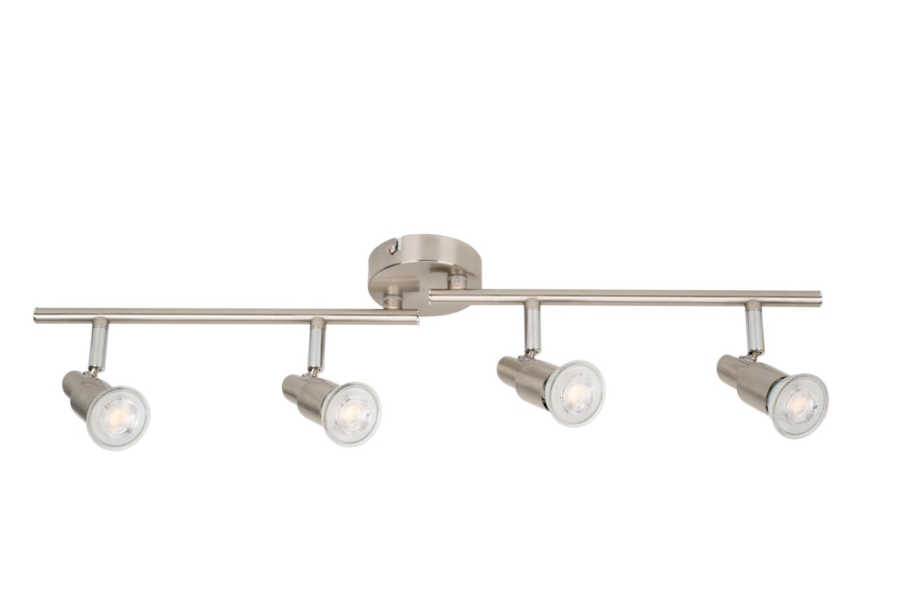 LED-Strahler mit vier verstellbaren Spots in moderner, gebürsteter Metalloptik, seitliche Perspektive