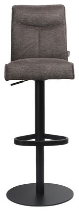 Moderner Barhocker mit gepolsterter Rückenlehne und schwarzem Metallgestell, Frontalansicht
