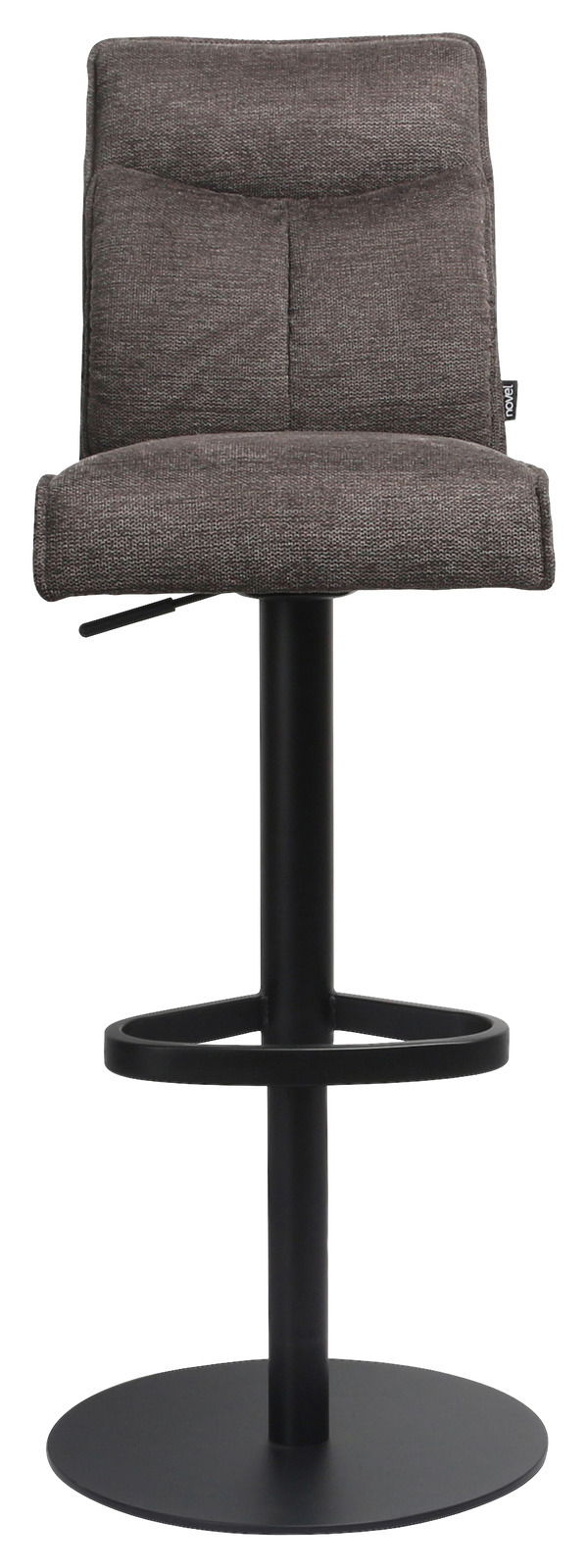 Moderner Barhocker mit gepolsterter Rückenlehne und schwarzem Metallgestell, Frontalansicht