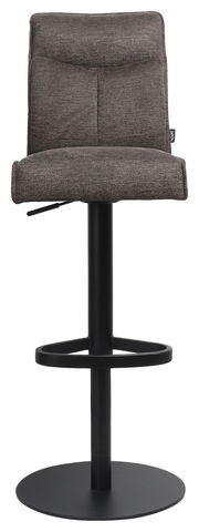 Moderner Barhocker mit gepolsterter Rückenlehne und schwarzem Metallgestell, Frontalansicht