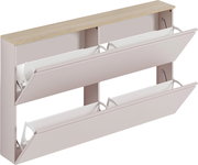 Hängeschuhschrank mit drei aufklappbaren Fächern, Holzoberfläche und seitlicher Perspektive