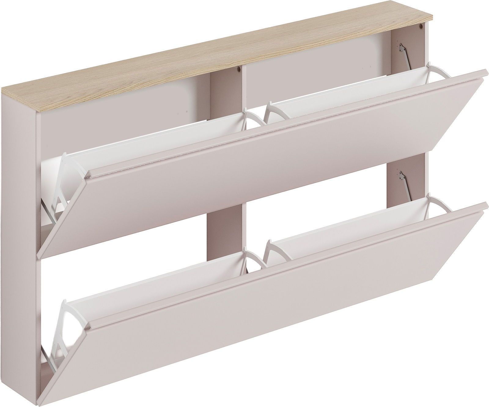 Hängeschuhschrank mit drei aufklappbaren Fächern, Holzoberfläche und seitlicher Perspektive
