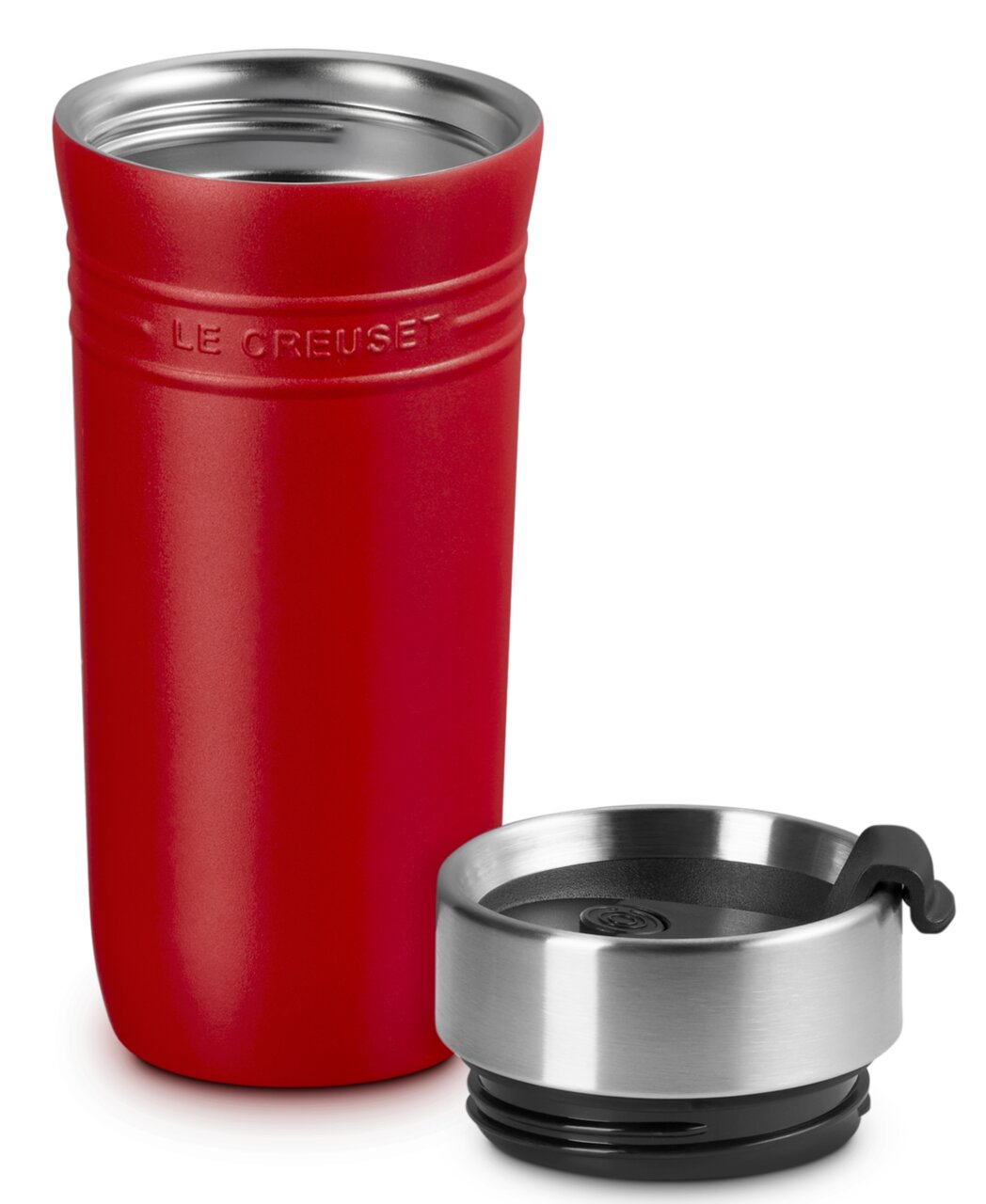 LE CREUSET Thermobecher Kirschrot ON THE GO Roter Thermobecher mit abgenommenem Deckel, seitliche Perspektive