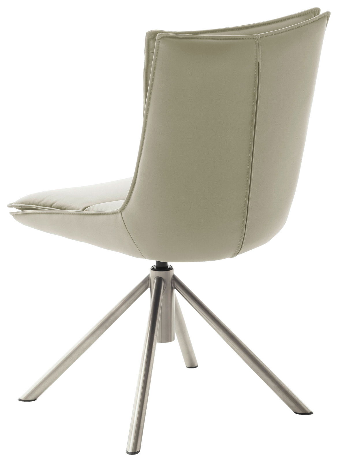 Rückansicht eines modernen Stuhls mit beigem Polster und metallischen Beinen.