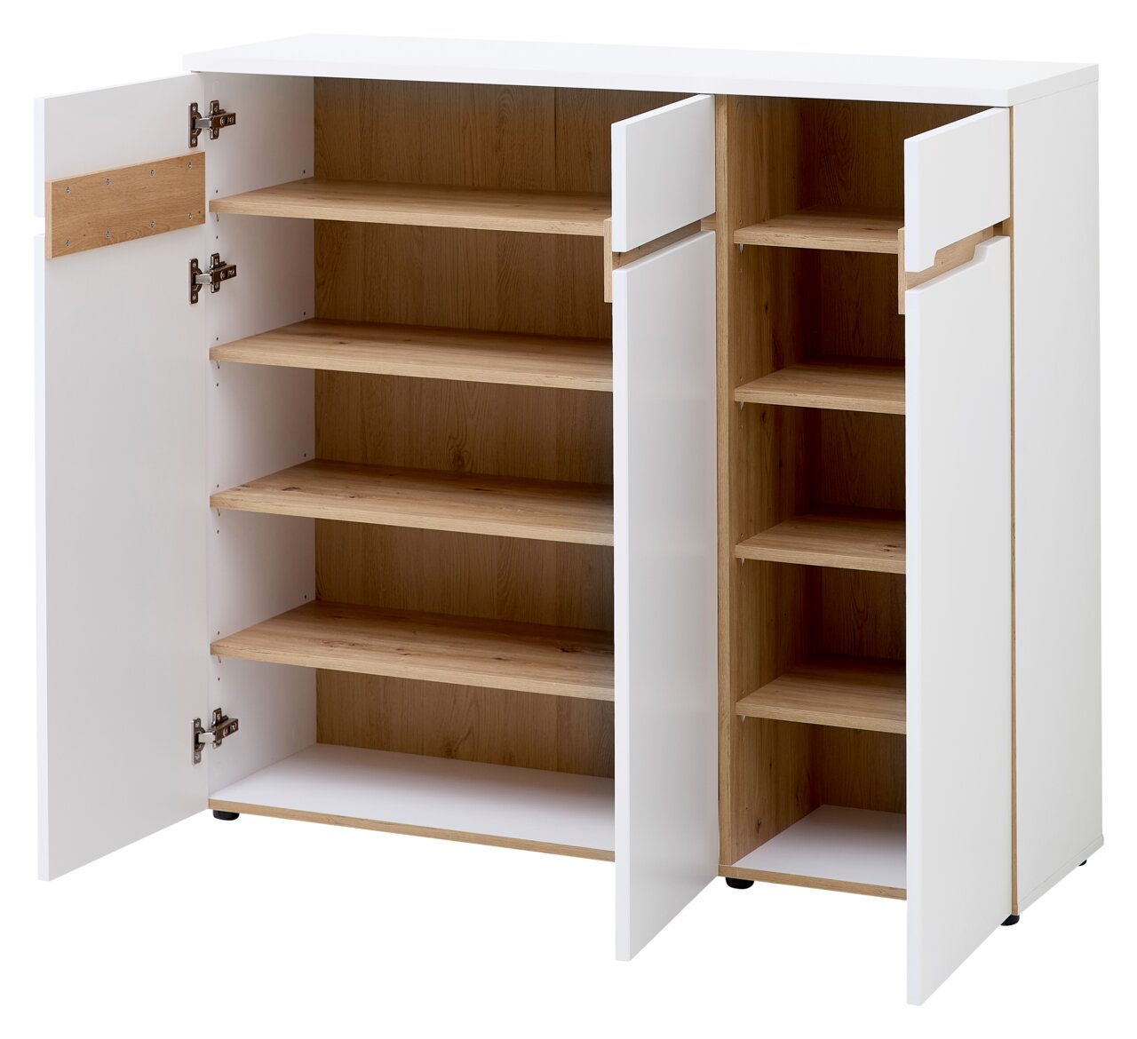 Offener XL-Schuhschrank mit weißen Türen und Holzeinlegeböden, frontal betrachtet.