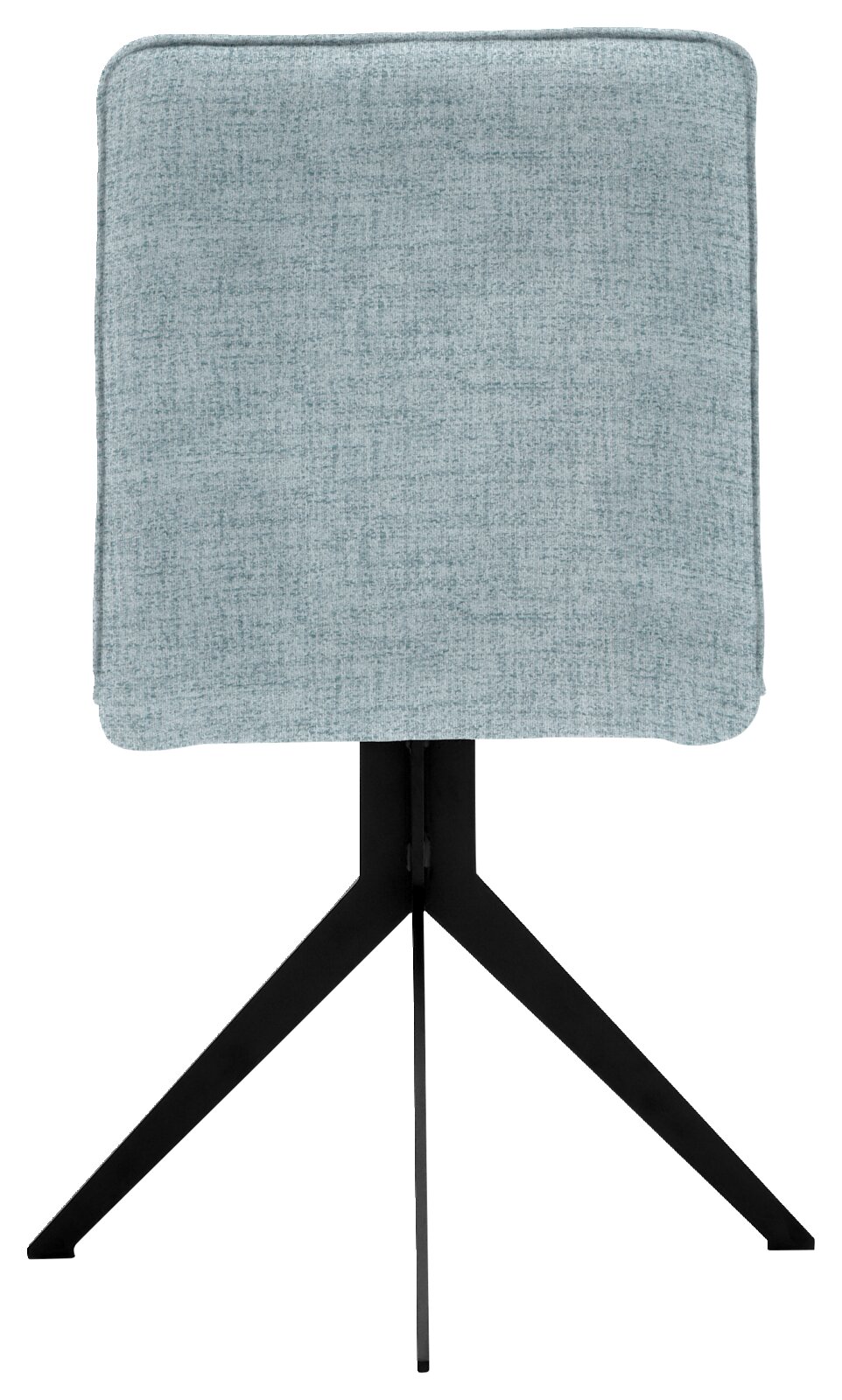 Achterkant van een moderne stoel met lichtblauwe stoffen bekleding en een zwart metalen frame.
