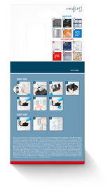 Rückseite der Verpackung des tesa Lavaa Duschkorbs S mit Anwendungs- und Montagehinweisen.