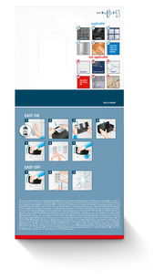 Rückseite der Verpackung des tesa Lavaa Duschkorbs S mit Anwendungs- und Montagehinweisen.