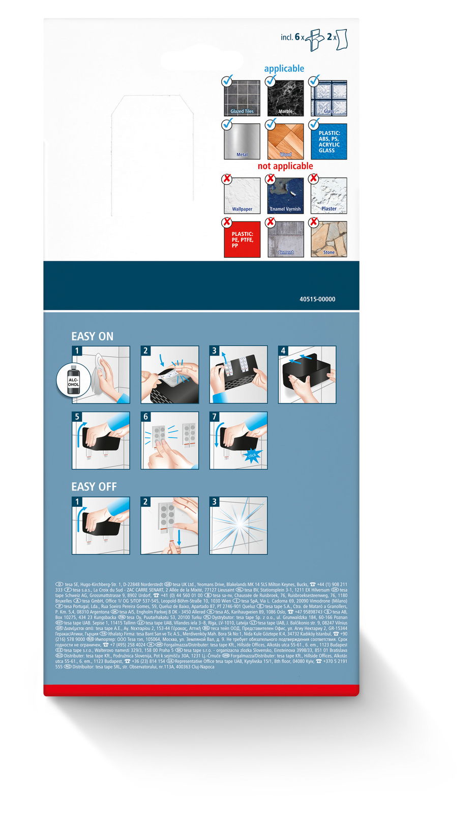 Rückseite der Verpackung des tesa Lavaa Duschkorbs S mit Anwendungs- und Montagehinweisen.