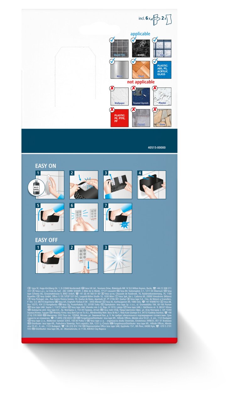 Rückseite der Verpackung des tesa Lavaa Duschkorbs S mit Anwendungs- und Montagehinweisen.