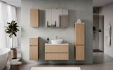 Moderner Badezimmer-Unterschrank aus Holz in Frontalansicht, mit Waschbecken und Spiegel.