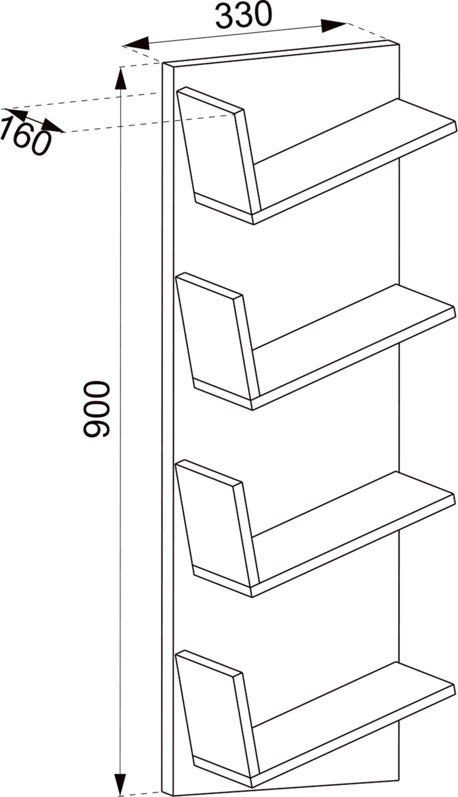 Technische Zeichnung eines schmalen Wandregals mit vier Ablagen und schrägen Buchstützen, Maße ca. 900 mm hoch, 330 mm breit und 160 mm tief, dargestellt in schräger 3D-Perspektive von vorne links.
