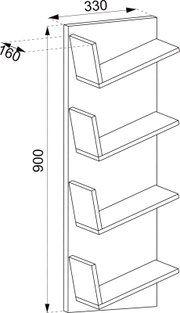 Technische Zeichnung eines schmalen Wandregals mit vier Ablagen und schrägen Buchstützen, Maße ca. 900 mm hoch, 330 mm breit und 160 mm tief, dargestellt in schräger 3D-Perspektive von vorne links.