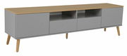 TV-Board in modernem Design mit grauer Front und Holzbeinen, seitliche Perspektive