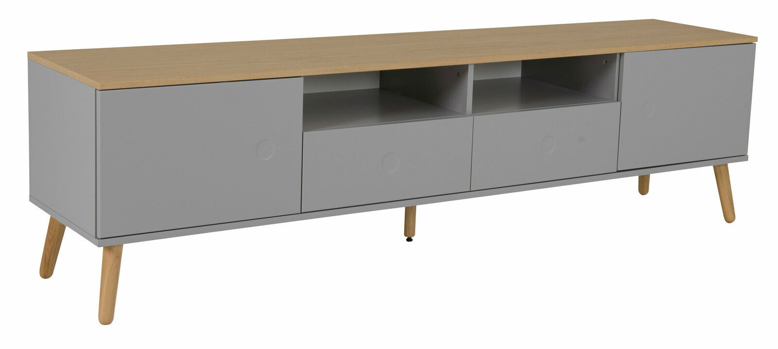 TV-Board in modernem Design mit grauer Front und Holzbeinen, seitliche Perspektive