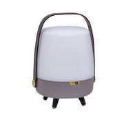 Tragbare Lampe mit weißem Schirm und braunem Griff, Vorderansicht