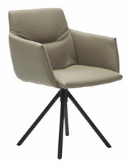 Moderne fauteuil met beige lederen bekleding en zwarte metalen poten, zijaanzicht