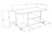 Technische Strichzeichnung eines mobilen Beistell- bzw. Servierwagens mit Rollen, Ablagefach und großer Tischplatte (ca. 800 x 400 mm), dargestellt in schräger 3/4-Perspektive von vorne.