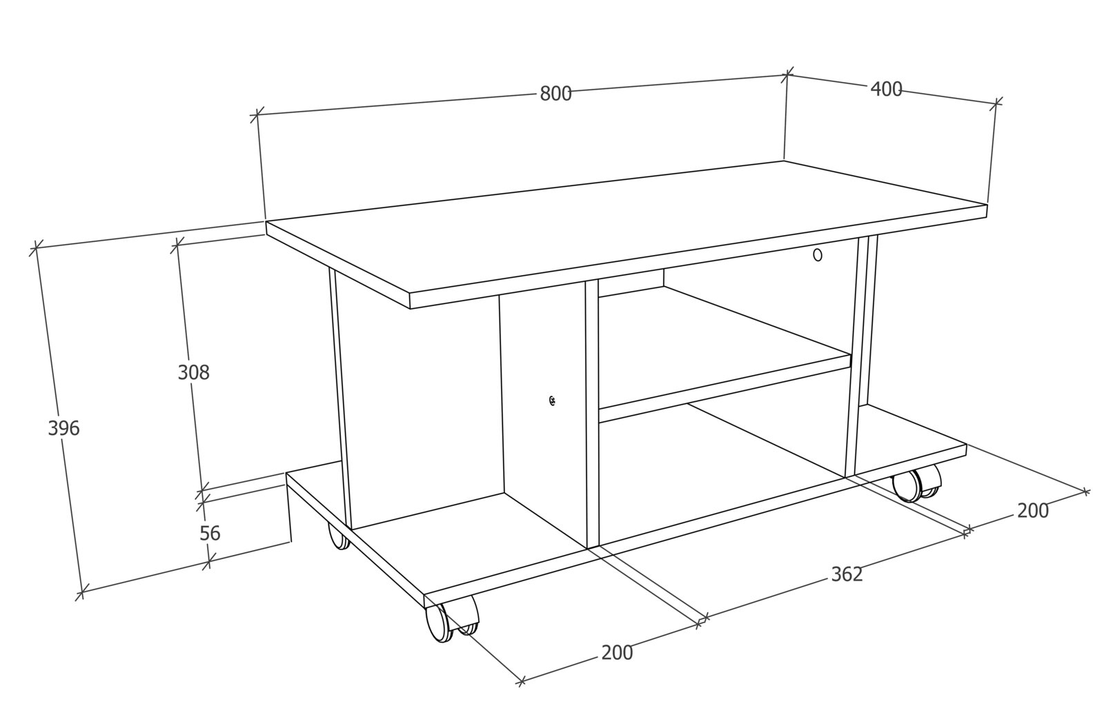 Technische Strichzeichnung eines mobilen Beistell- bzw. Servierwagens mit Rollen, Ablagefach und großer Tischplatte (ca. 800 x 400 mm), dargestellt in schräger 3/4-Perspektive von vorne.