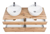 Doppelwaschtisch-Set aus Holz mit zwei runden weißen Waschbecken und offenen Schubladen, Ansicht von oben