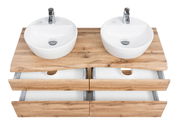 Doppelwaschtisch-Set aus Holz mit zwei runden weißen Waschbecken und offenen Schubladen, Ansicht von oben