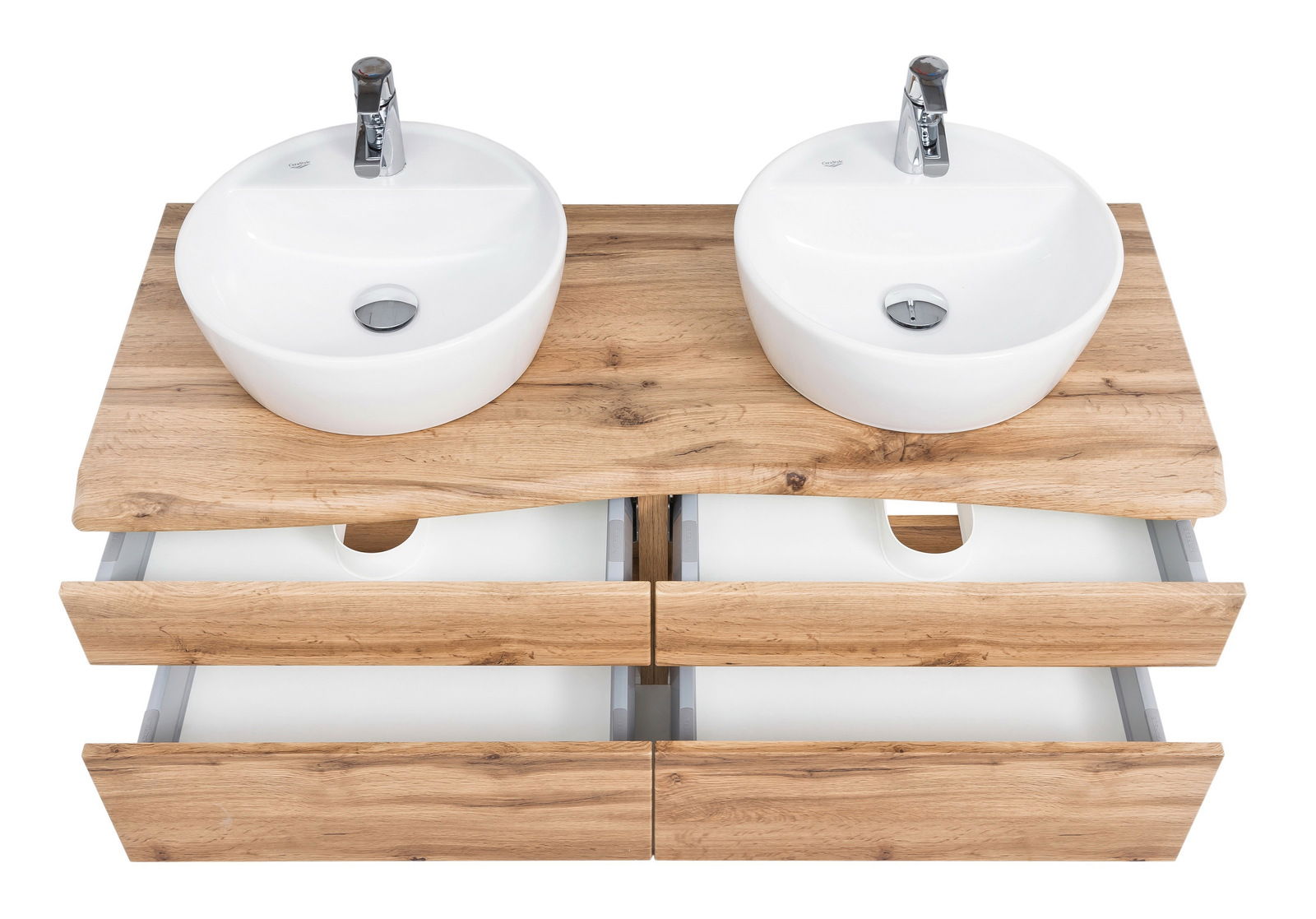 Doppelwaschtisch-Set aus Holz mit zwei runden weißen Waschbecken und offenen Schubladen, Ansicht von oben