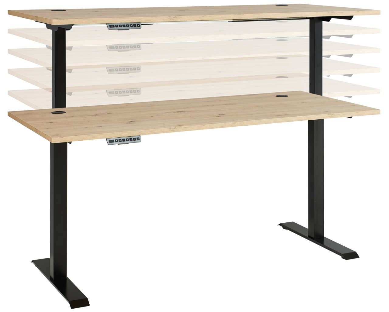 Höhenverstellbarer E-Schreibtisch Voleo DETROIT in Seitenansicht mit schwarzem Gestell und Holzplatte.