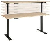 Höhenverstellbarer E-Schreibtisch Voleo DETROIT in Seitenansicht mit schwarzem Gestell und Holzplatte.