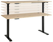 Höhenverstellbarer E-Schreibtisch Voleo DETROIT in Seitenansicht mit schwarzem Gestell und Holzplatte.