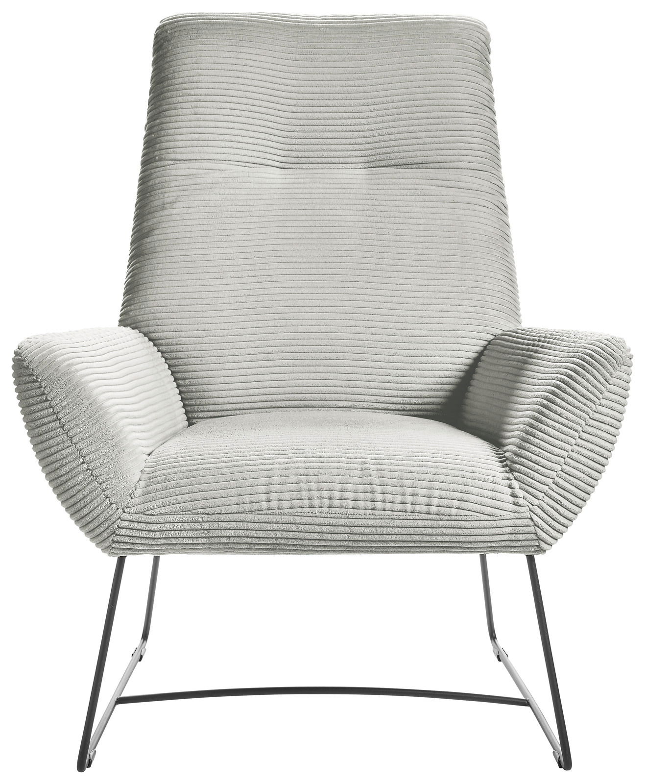 Moderner Sessel mit geripptem Stoffbezug in hellgrau, frontal fotografiert, auf schlanken Metallbeinen.