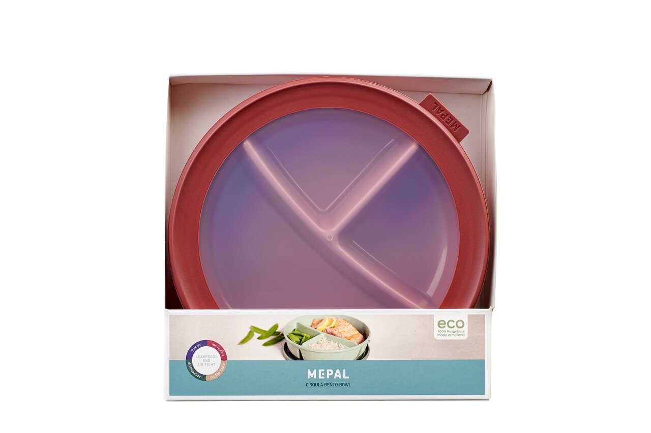 Runde rosa Bento-Schale Cirqula von Mepal in einer Verpackung, von oben fotografiert