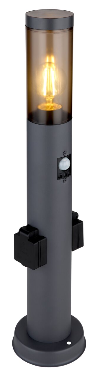 Moderne Außenleuchte in zylindrischer Form mit integriertem Bewegungsmelder und Steckdosen, seitliche Perspektive.