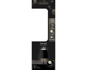 LED Tischleuchte mit schwarzem Schirm, wiederaufladbar über USB-C, 90 Lumen, dimmbar, verstellbare Farbtemperatur, seitliche Perspektive.