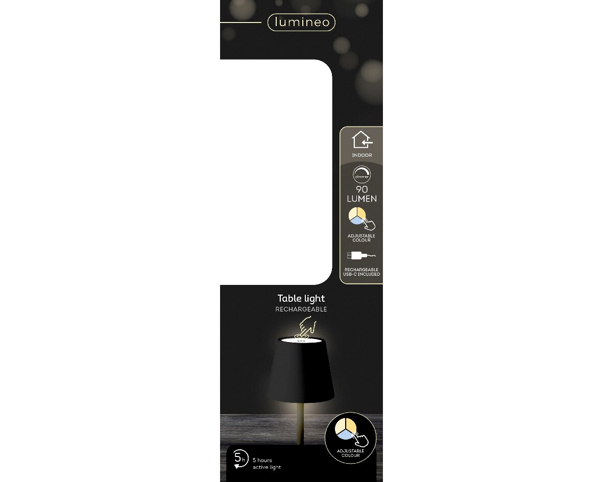 LED Tischleuchte mit schwarzem Schirm, wiederaufladbar über USB-C, 90 Lumen, dimmbar, verstellbare Farbtemperatur, seitliche Perspektive.