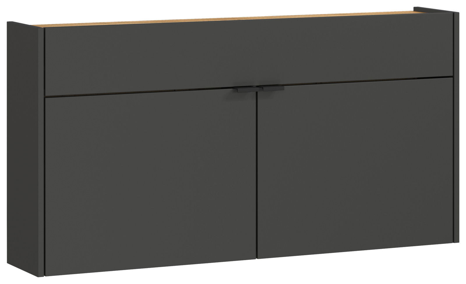 Moderner, breiter Hängeschuhschrank in dunklem Grau, frontal abgebildet.