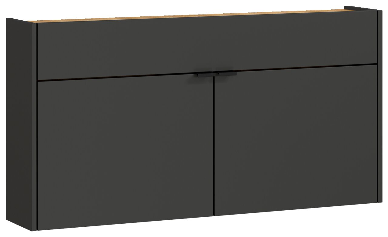 Moderner, breiter Hängeschuhschrank in dunklem Grau, frontal abgebildet.