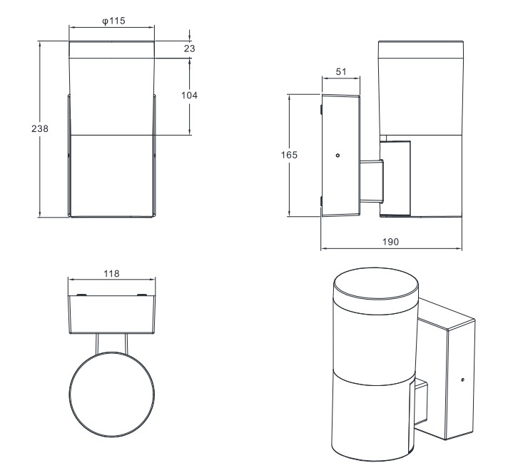 Technische Zeichnung einer LED-Außenwandleuchte mit zylindrischem Design, dargestellt aus verschiedenen Perspektiven: Vorderansicht, Seitenansicht und Draufsicht.