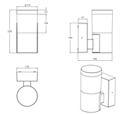Technische Zeichnung einer LED-Außenwandleuchte mit zylindrischem Design, dargestellt aus verschiedenen Perspektiven: Vorderansicht, Seitenansicht und Draufsicht.