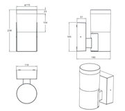 Technische Zeichnung einer LED-Außenwandleuchte mit zylindrischem Design, dargestellt aus verschiedenen Perspektiven: Vorderansicht, Seitenansicht und Draufsicht.
