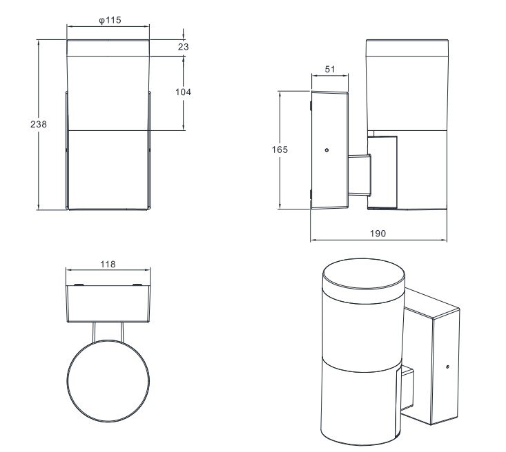 Technische Zeichnung einer LED-Außenwandleuchte mit zylindrischem Design, dargestellt aus verschiedenen Perspektiven: Vorderansicht, Seitenansicht und Draufsicht.