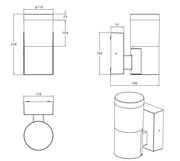 Technische Zeichnung einer LED-Außenwandleuchte mit zylindrischem Design, dargestellt aus verschiedenen Perspektiven: Vorderansicht, Seitenansicht und Draufsicht.