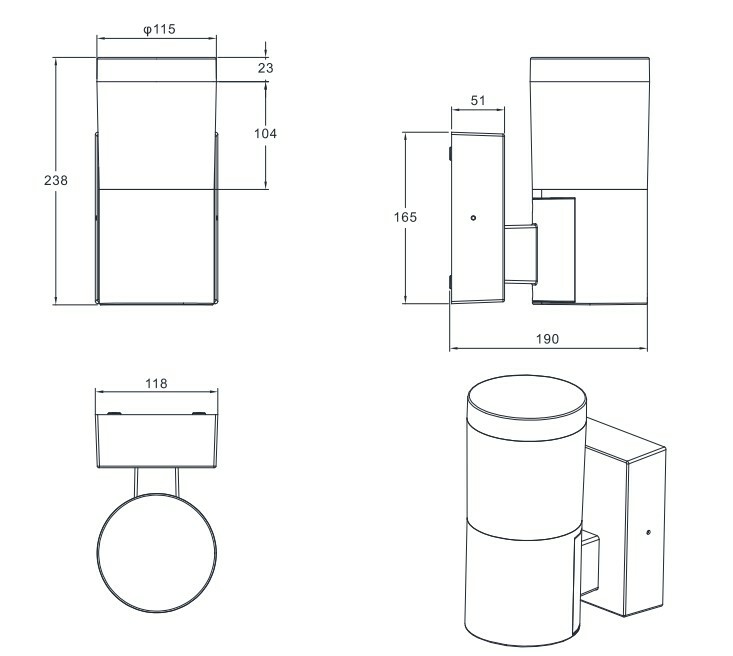 Technische Zeichnung einer LED-Außenwandleuchte mit zylindrischem Design, dargestellt aus verschiedenen Perspektiven: Vorderansicht, Seitenansicht und Draufsicht.