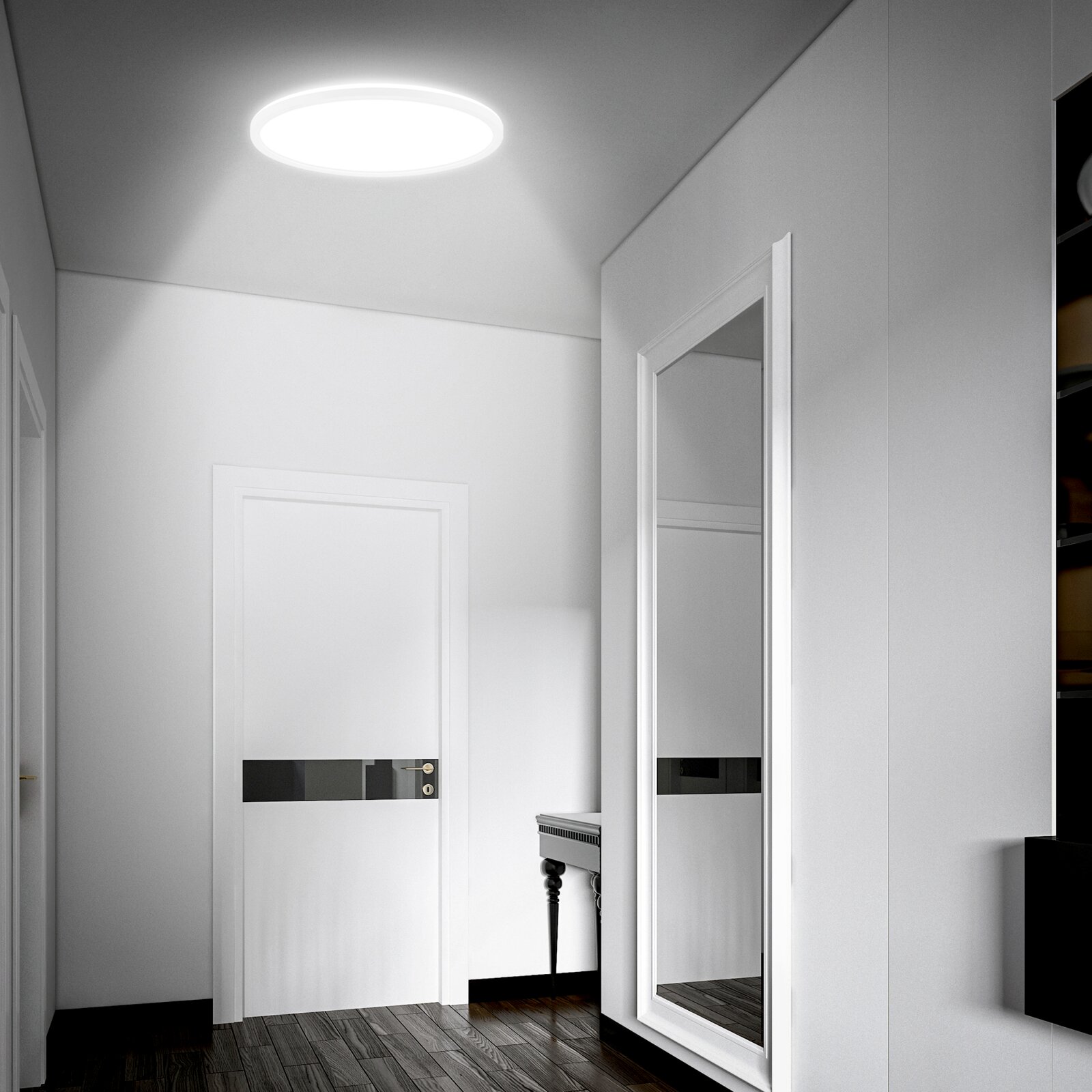 Briloner LED-paneel MOVE Moderne ronde plafondlamp met helder wit licht in een minimalistische hal, gezien vanuit een lage hoek omhoog naar het plafond