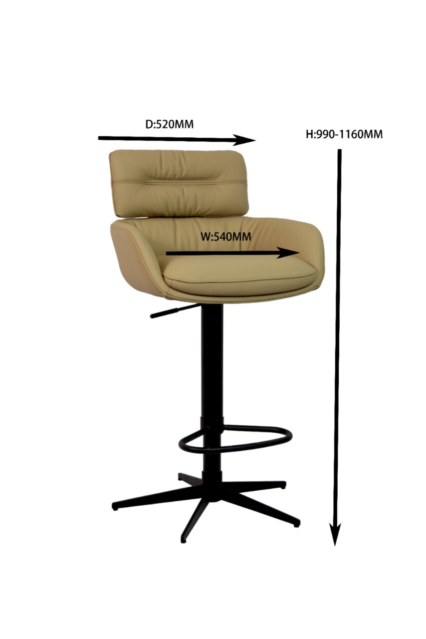 Barhocker in Seitenansicht mit beigem Polstersitz, schwarzem Metallgestell und Fußstütze, Maße: Höhe 990-1160 mm, Breite 540 mm, Tiefe 520 mm