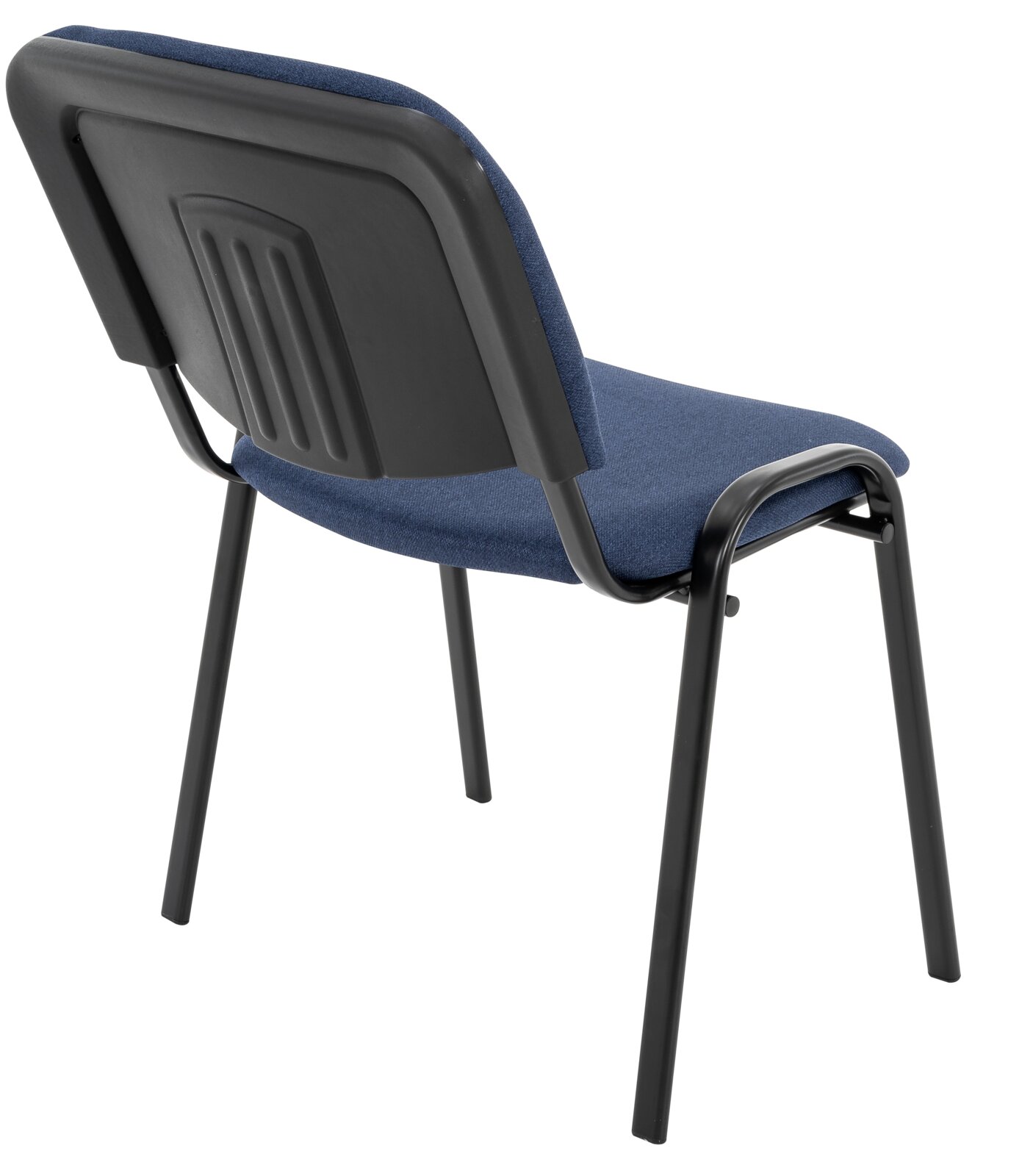 Blauer Besucherstuhl mit Stoffpolster, schwarzem Metallgestell und Kunststoff-Rückenlehne, Ansicht schräg von hinten