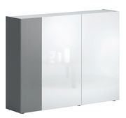 Moderner XL-Schuhschrank mit glänzender weißer Front und geriffelter Seitenverkleidung, seitliche Perspektive