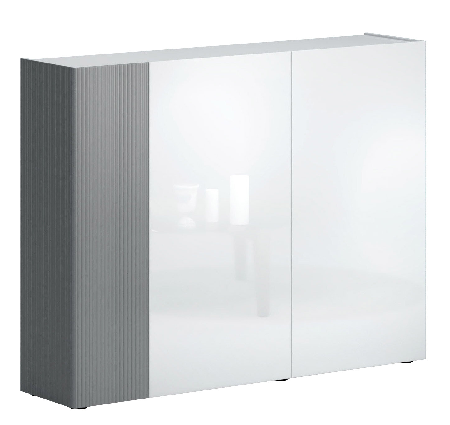 Moderner XL-Schuhschrank mit glänzender weißer Front und geriffelter Seitenverkleidung, seitliche Perspektive