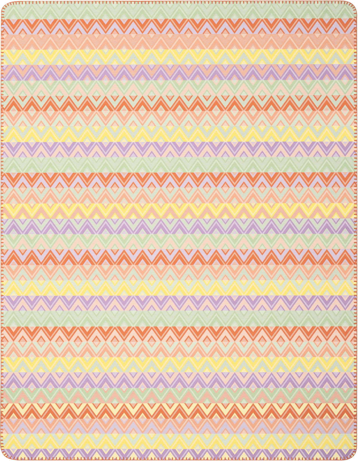 Bunte Wohndecke mit geometrischem Muster in Streifen, Draufsicht