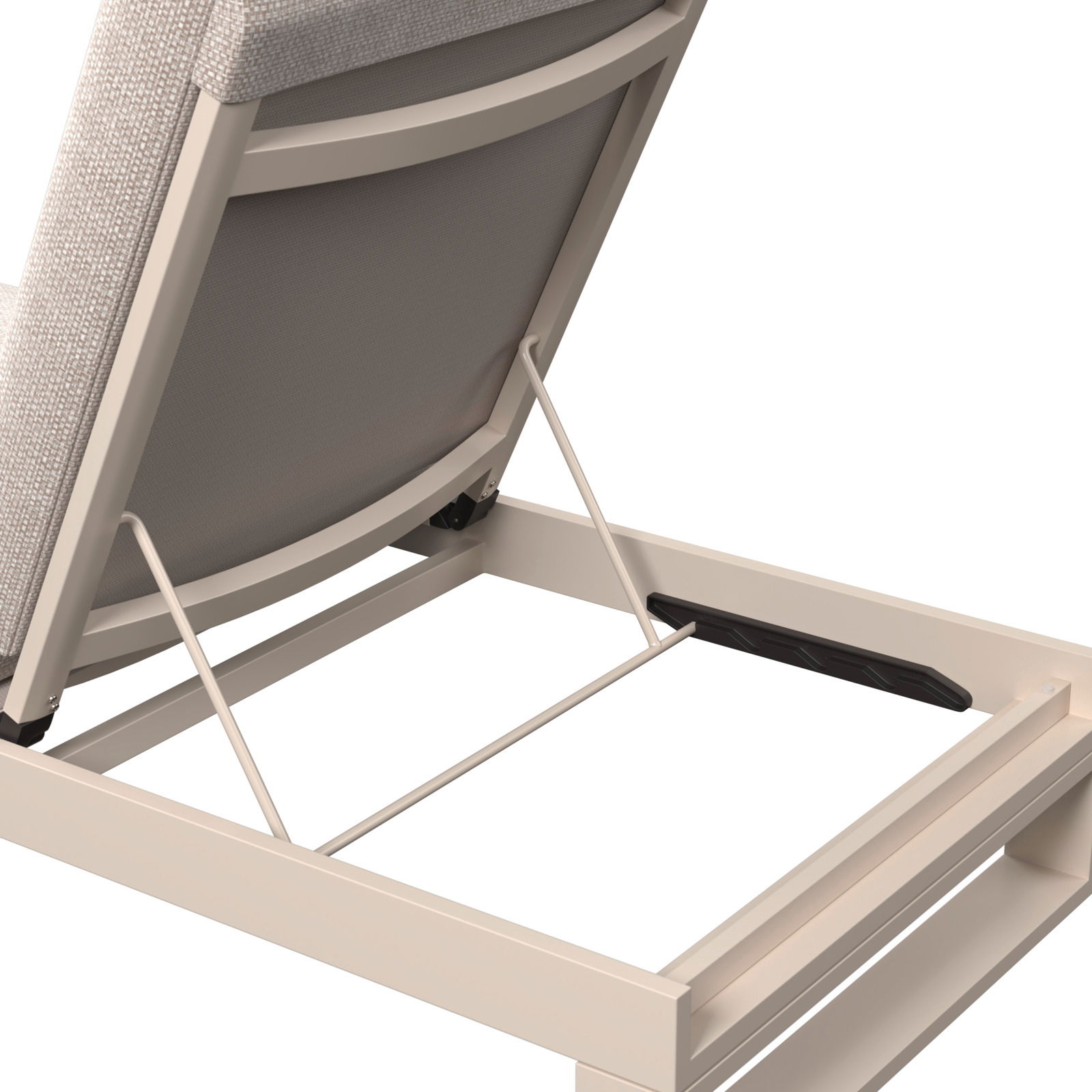 Rückansicht einer verstellbaren Sonnenliege mit beigem Rahmen und gepolsterter Rückenlehne.