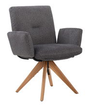 Grauer Armlehnstuhl mit Holzbeinen, seitliche Perspektive